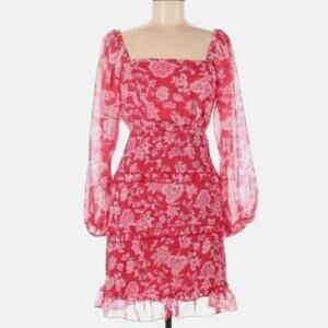 Sim & Sam Red and Pink Floral Print Smocked Milkmaid Mini Dress Size Medium